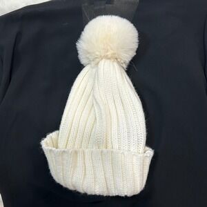 Vince Camuto Ivory Knit Beanie Hat with Faux Fur Pom‎ Pom Winter OS